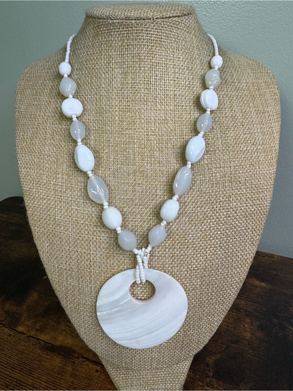 Coastal White and Cream Beaded Disc Pendant Necklace - Women Jewelry